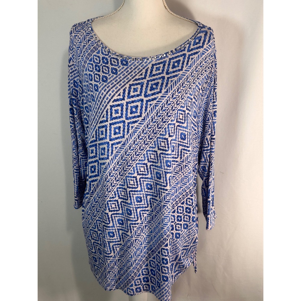 Ruby Rd Woman Blue White Geometric Studded Tunic Top 3/4 Sleeve 2X